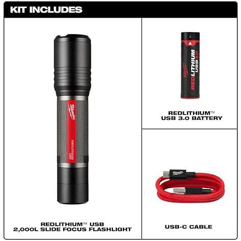 REDLITHIUM USB Flashlight Kit 2000 Lumen Slide Focus + TPT Premium cart